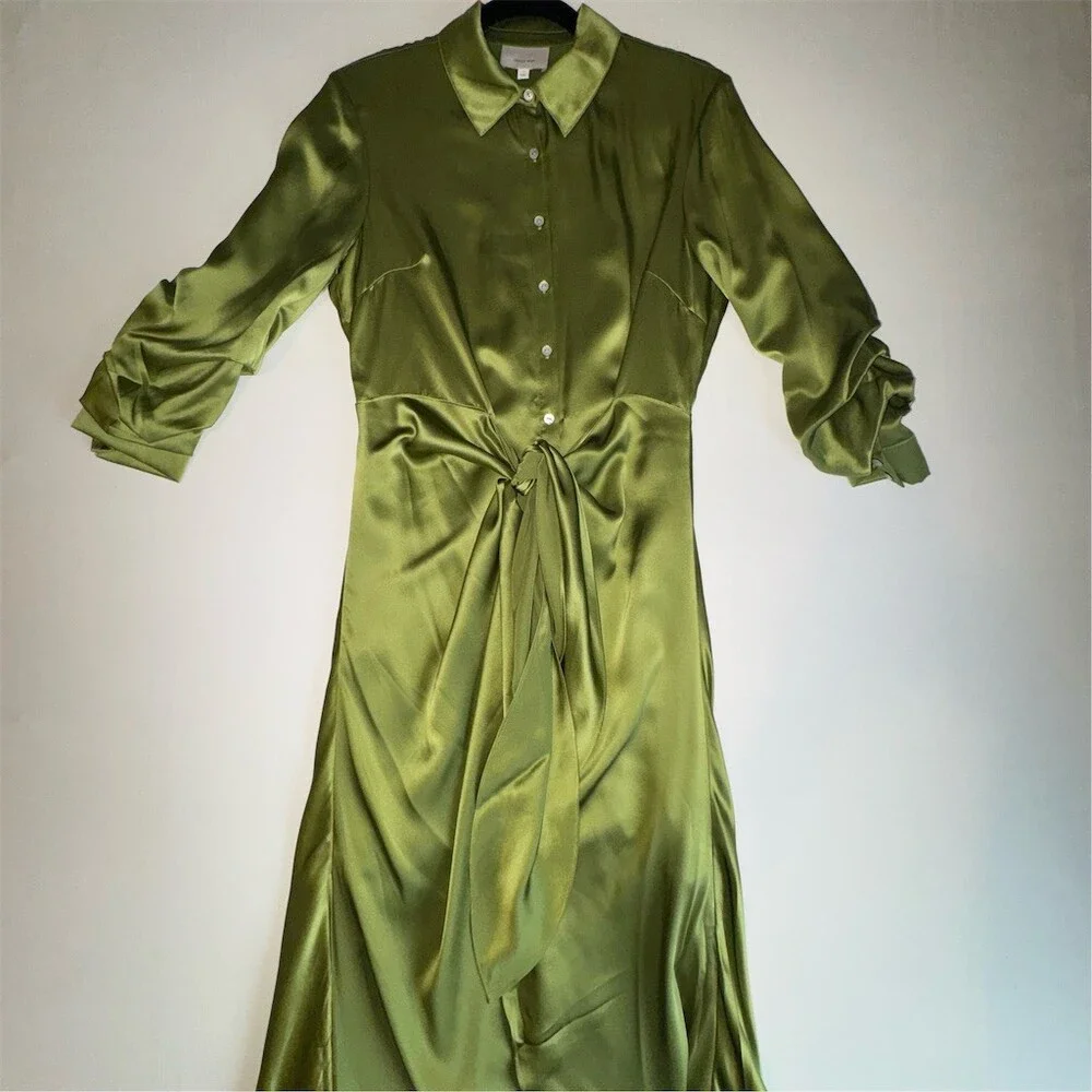 Cinq à Sept Jacey Silk Shirtdress Womens Size 6 Green Moss Tie-Waist Midi Luxe - Picture 7 of 15
